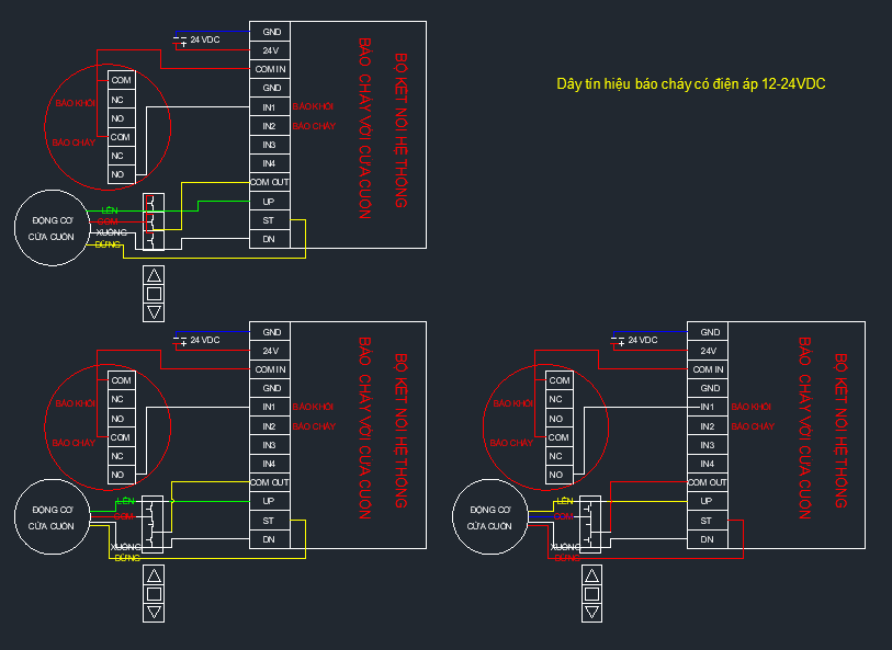 •	Trường  hợp hệ thống báo cháy có 2 sợi dây (tiếp điểm có điện áp 12-24VDC)